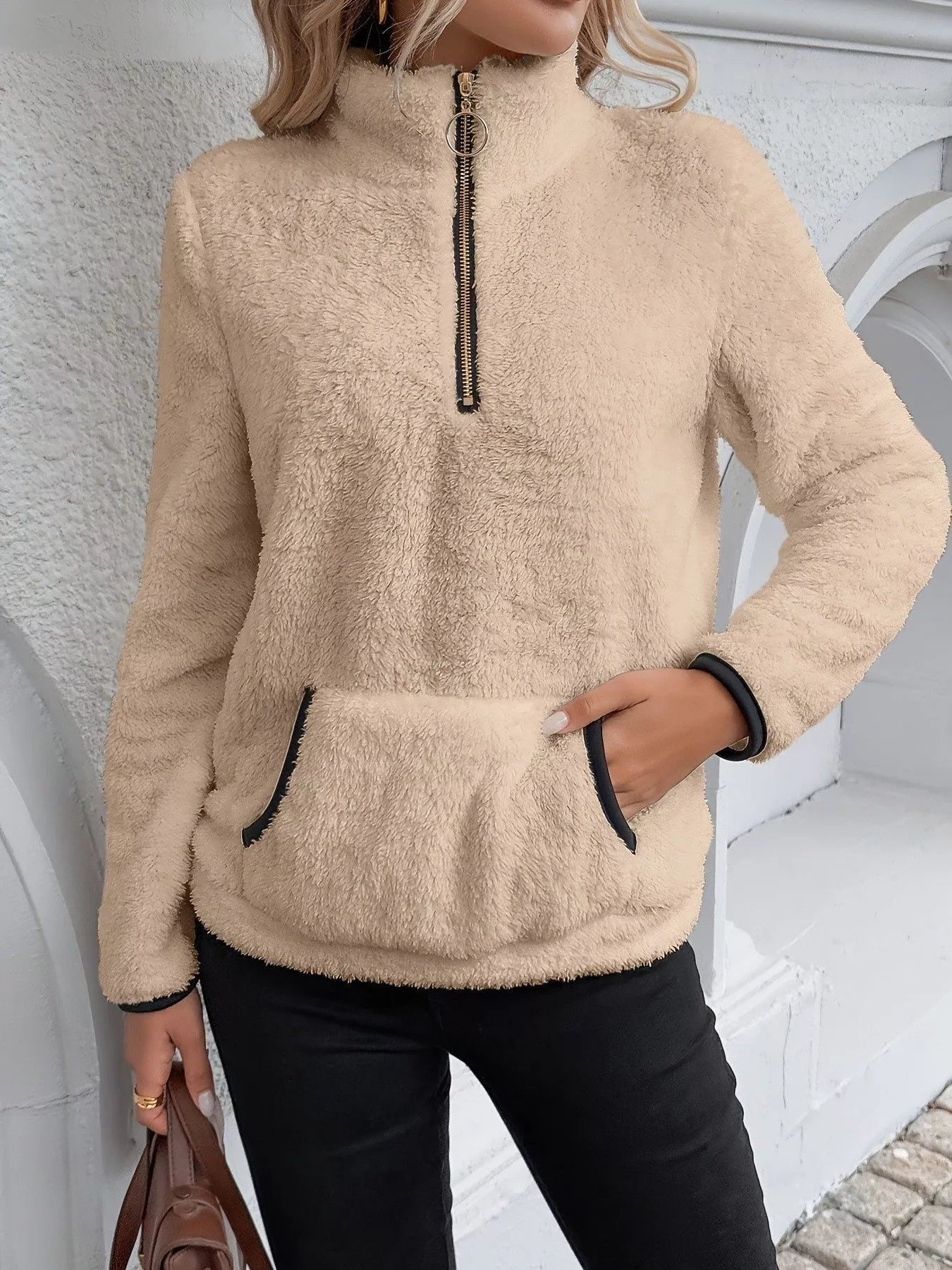 Fashorio Khaki / S Full Size Cozy Fleece Quarter Zip Long Sleeve Sweatshirt Plus Size