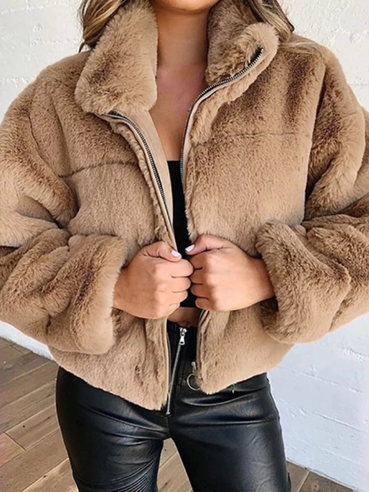 Full Size Faux Fur Cropped Zip-Up Jacket Plus Size Khaki - Fashorio