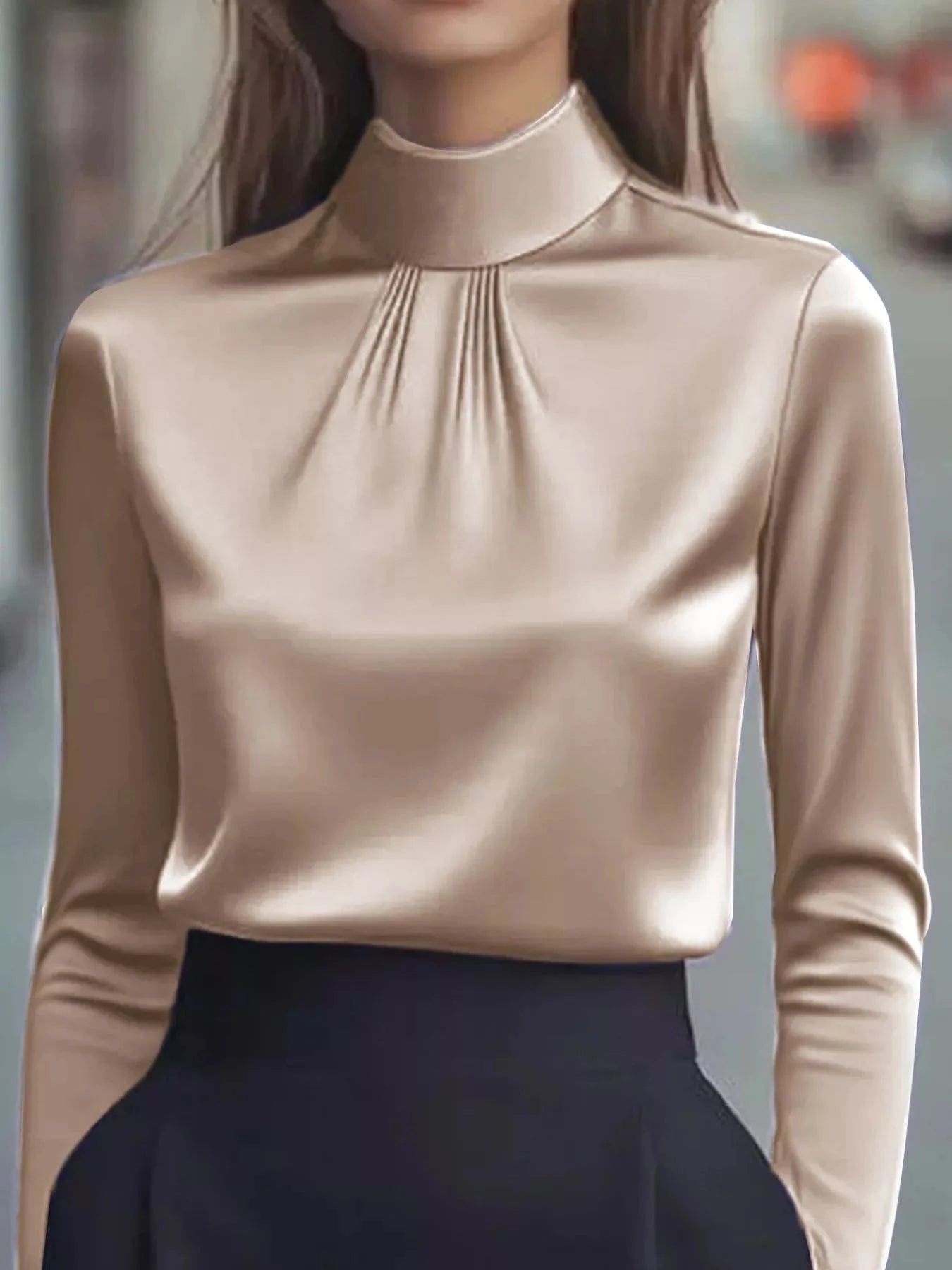 Fashorio Khaki / S Mock Neck Long Sleeve Blouse with Pleated Detail
