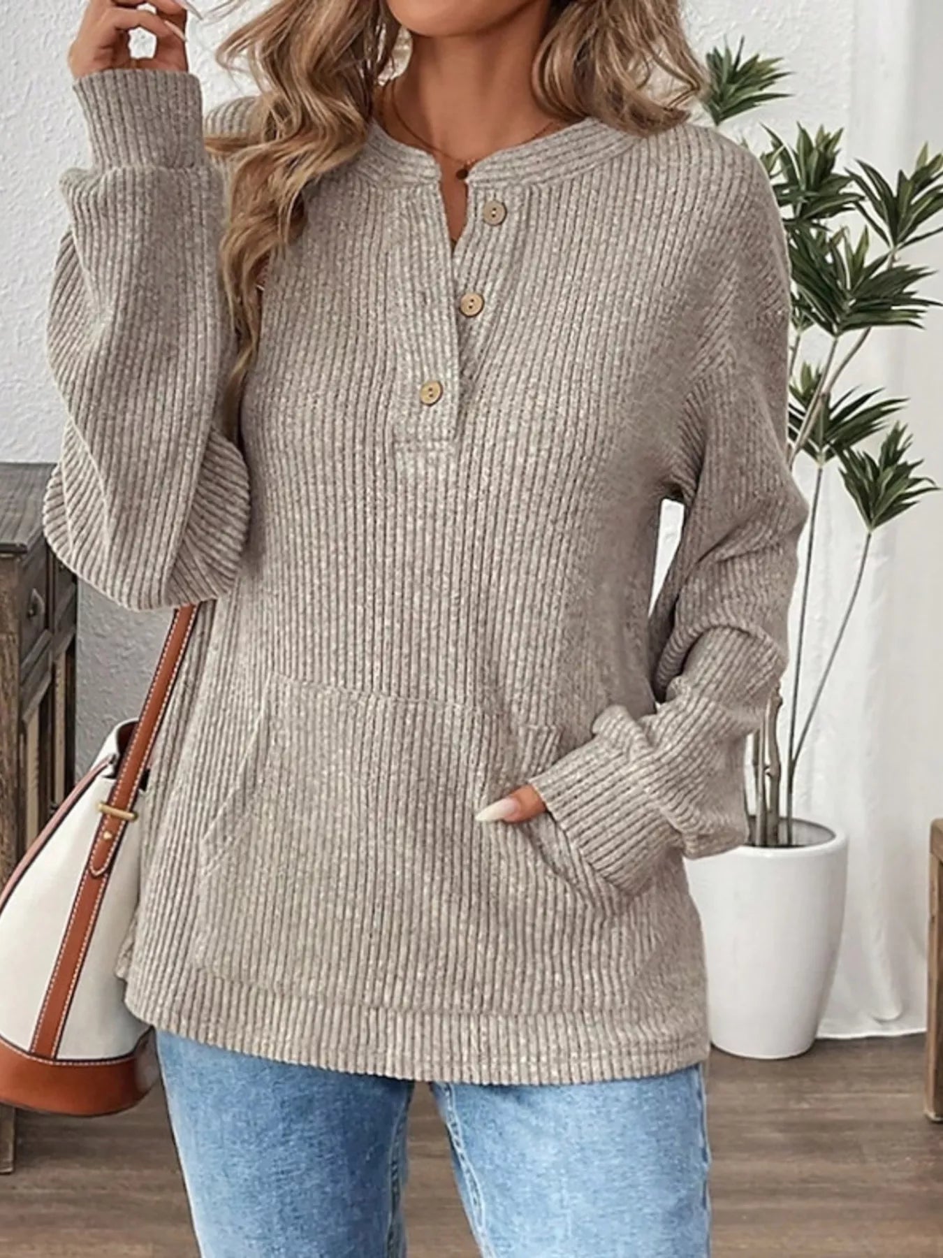 Fashorio Khaki / S Ribbed Button Detail Long Sleeve T-Shirt