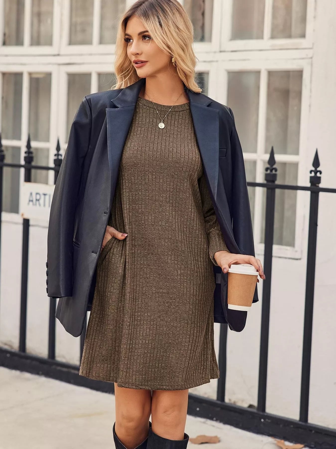 Fashorio Khaki / S Ribbed Knit Puff Sleeve Casual Mini Dress