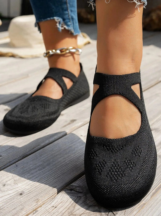 Knit Mary Jane Slip-On Loafers with Strap - Fashorio