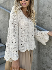 Fashorio Knit Tops Apricot / One Size Crochet Lace V-Neck Bell Sleeve Knit Top