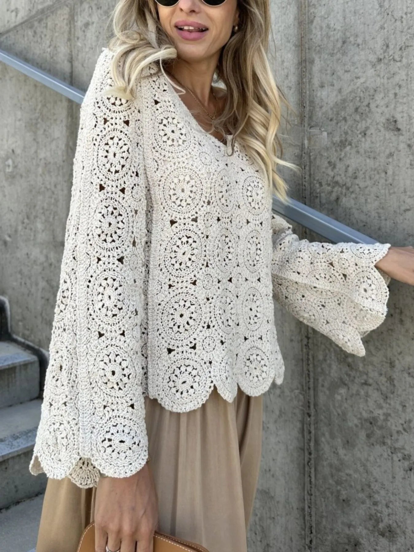 Fashorio Knit Tops Apricot / One Size Crochet Lace V-Neck Bell Sleeve Knit Top