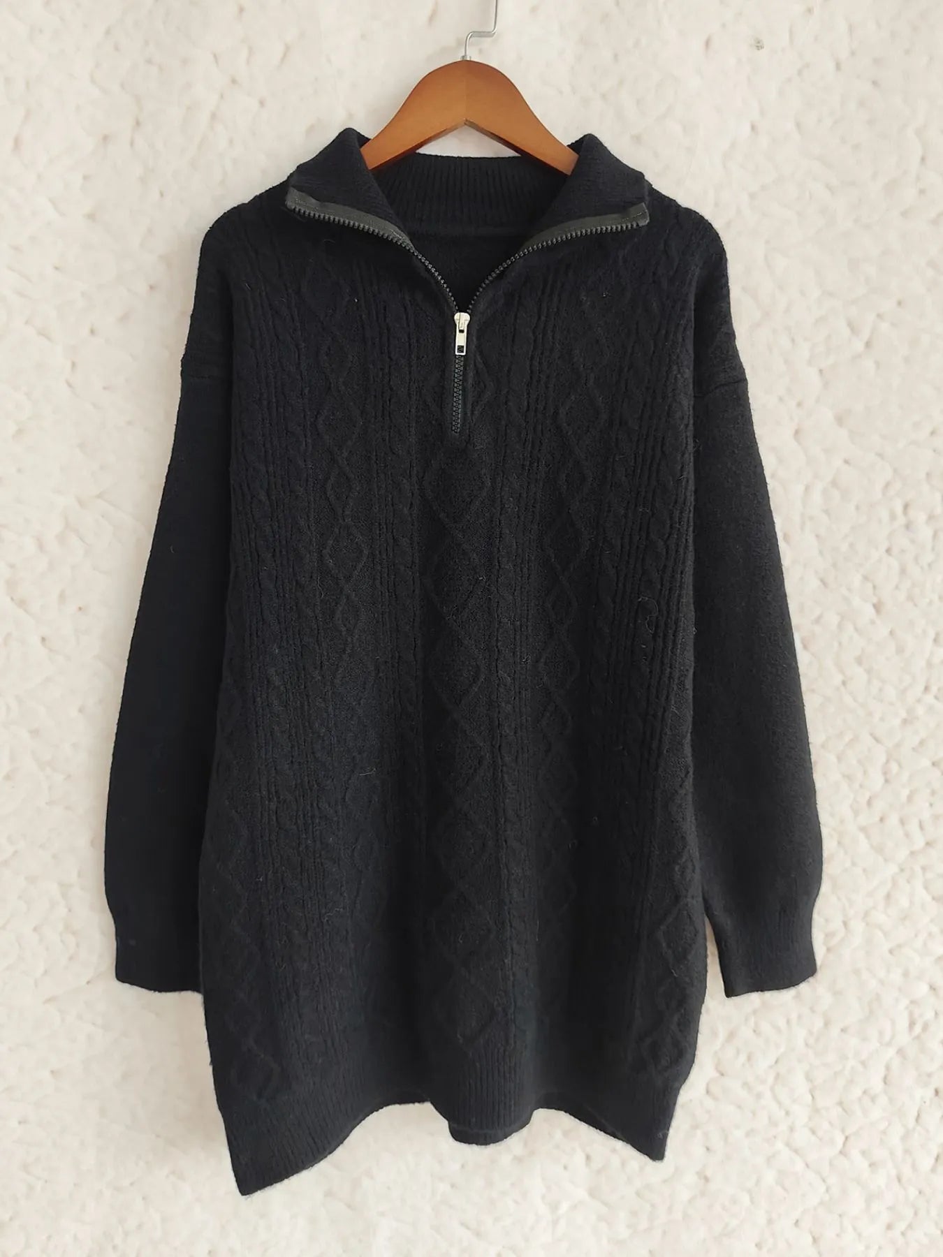 Fashorio Knit Tops Black / One Size Texture Zip Collar Long Sleeve Sweater