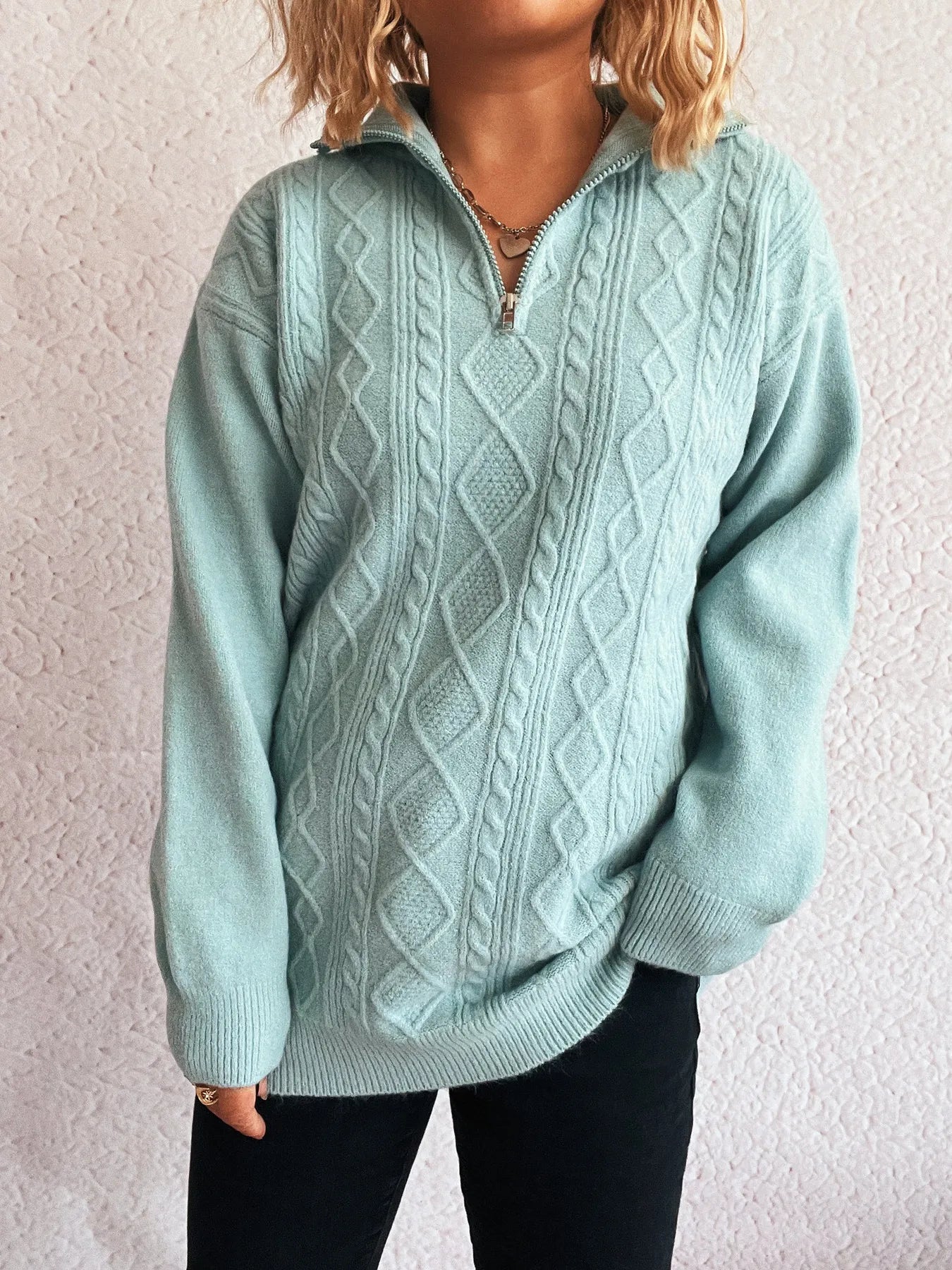 Fashorio Knit Tops Blue / One Size Texture Zip Collar Long Sleeve Sweater