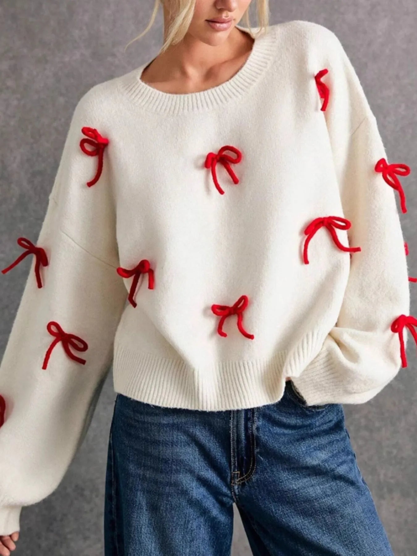 Fashorio Knit Tops Bow Contrast Round Neck Long Sleeve Sweater