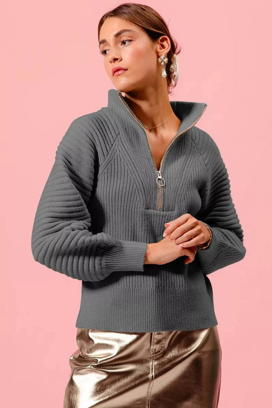 SO ME Half Zip Raglan Balloon Sleeves Ribbed Sweater CHARCOAL - Fashorio