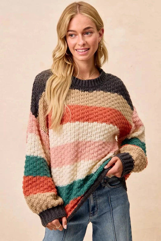 BiBi Stripes Color Block Chunky Sweater CHARCOAL TEAL COMBO - Fashorio