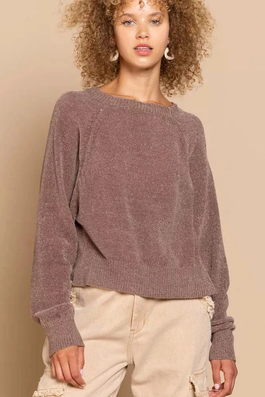 POL Round Neck Backless Sweater with Ribbed Edge Chocolate - Fashorio