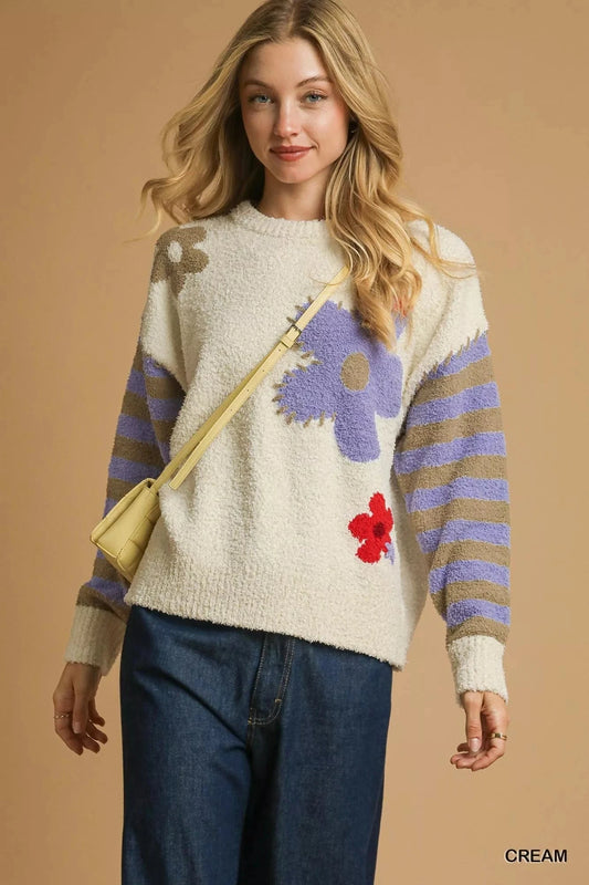 Umgee Flower Jacquard Striped Long Sleeve Sweater Cream - Fashorio