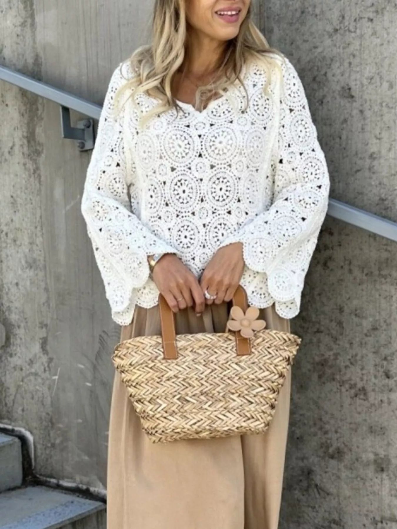 Fashorio Knit Tops Crochet Lace V-Neck Bell Sleeve Knit Top