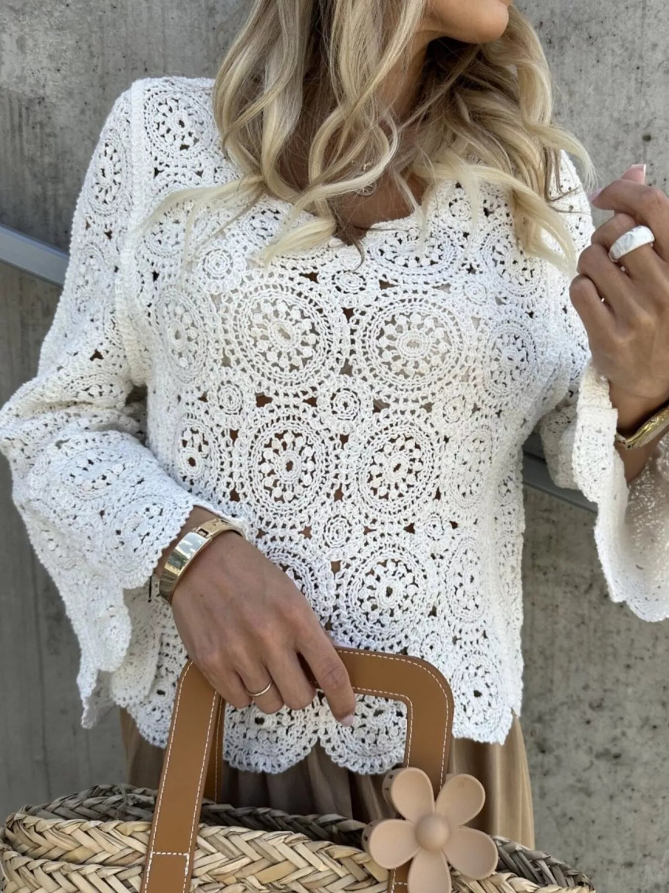 Fashorio Knit Tops Crochet Lace V-Neck Bell Sleeve Knit Top