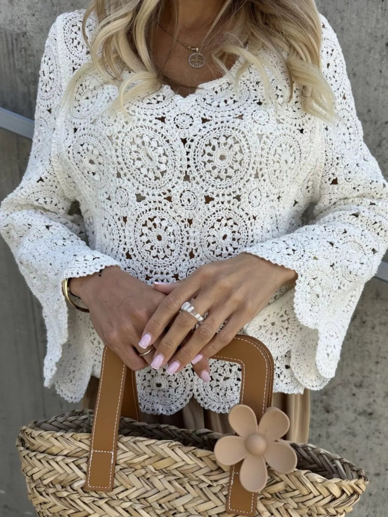 Fashorio Knit Tops Crochet Lace V-Neck Bell Sleeve Knit Top