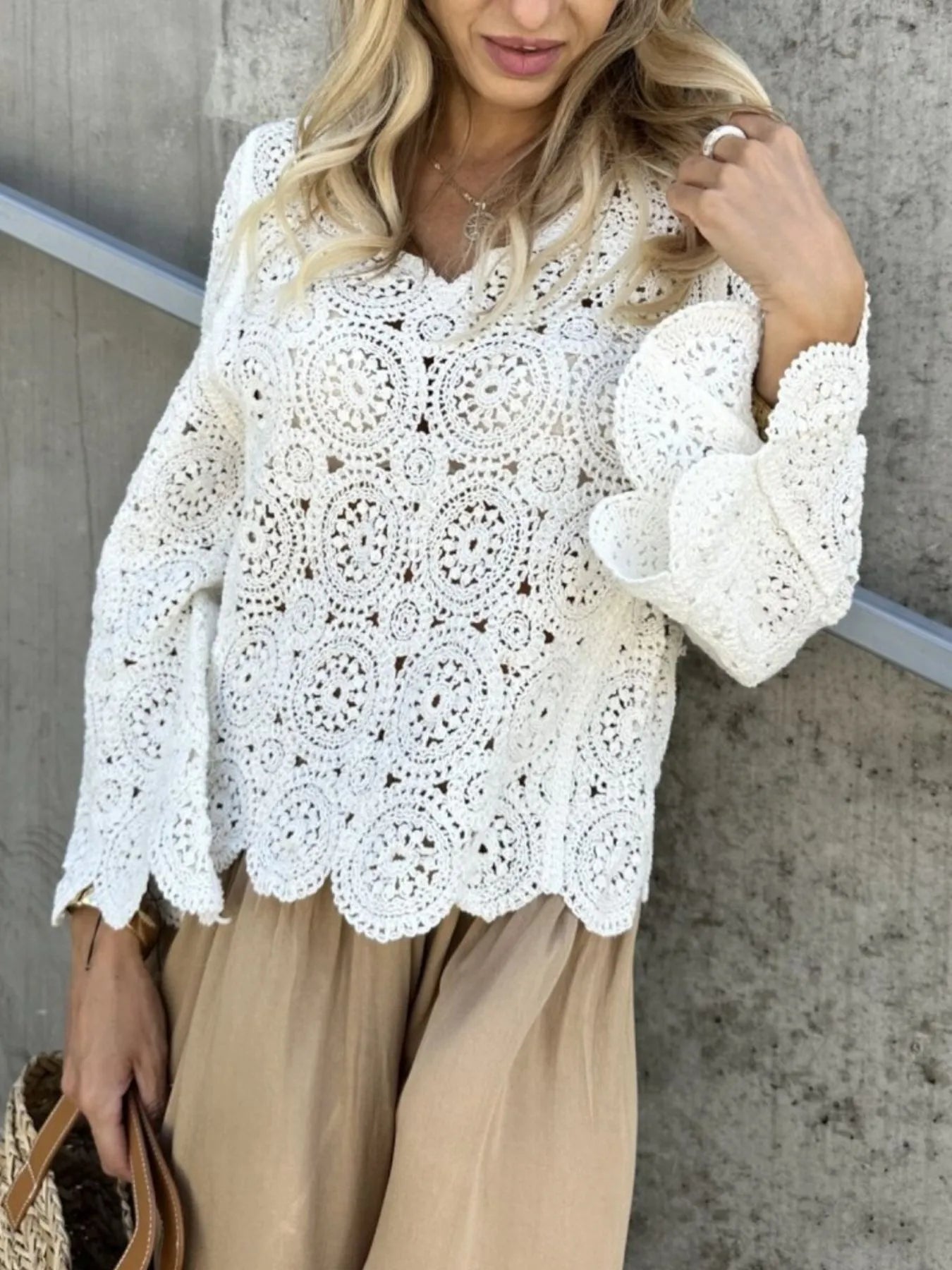 Fashorio Knit Tops Crochet Lace V-Neck Bell Sleeve Knit Top