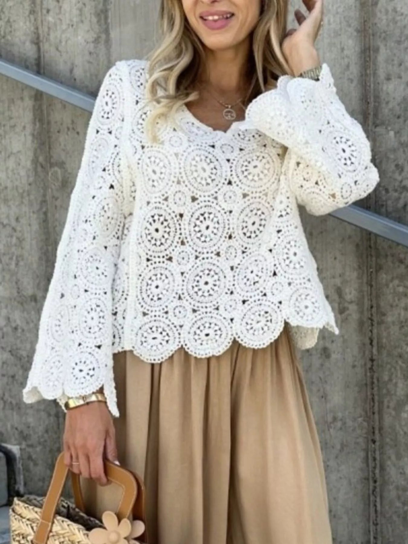 Fashorio Knit Tops Crochet Lace V-Neck Bell Sleeve Knit Top