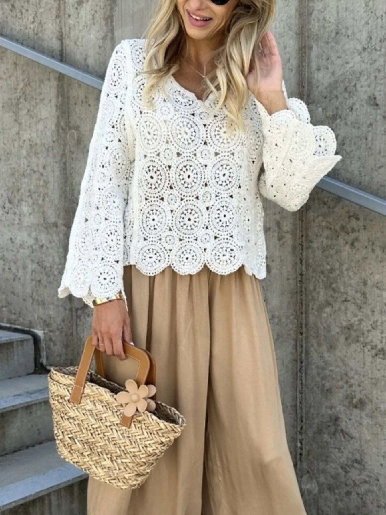 Fashorio Knit Tops Crochet Lace V-Neck Bell Sleeve Knit Top