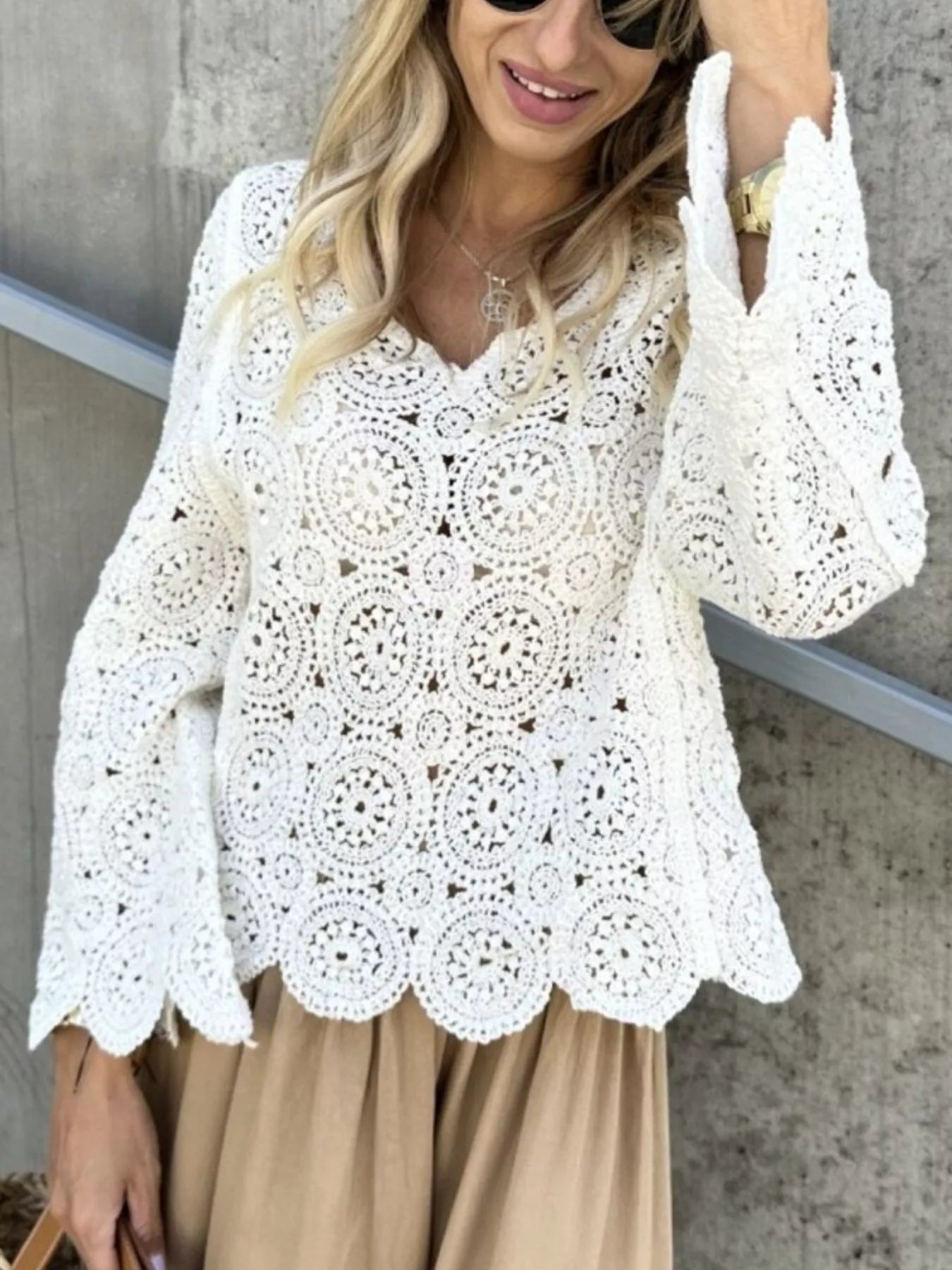 Fashorio Knit Tops Crochet Lace V-Neck Bell Sleeve Knit Top