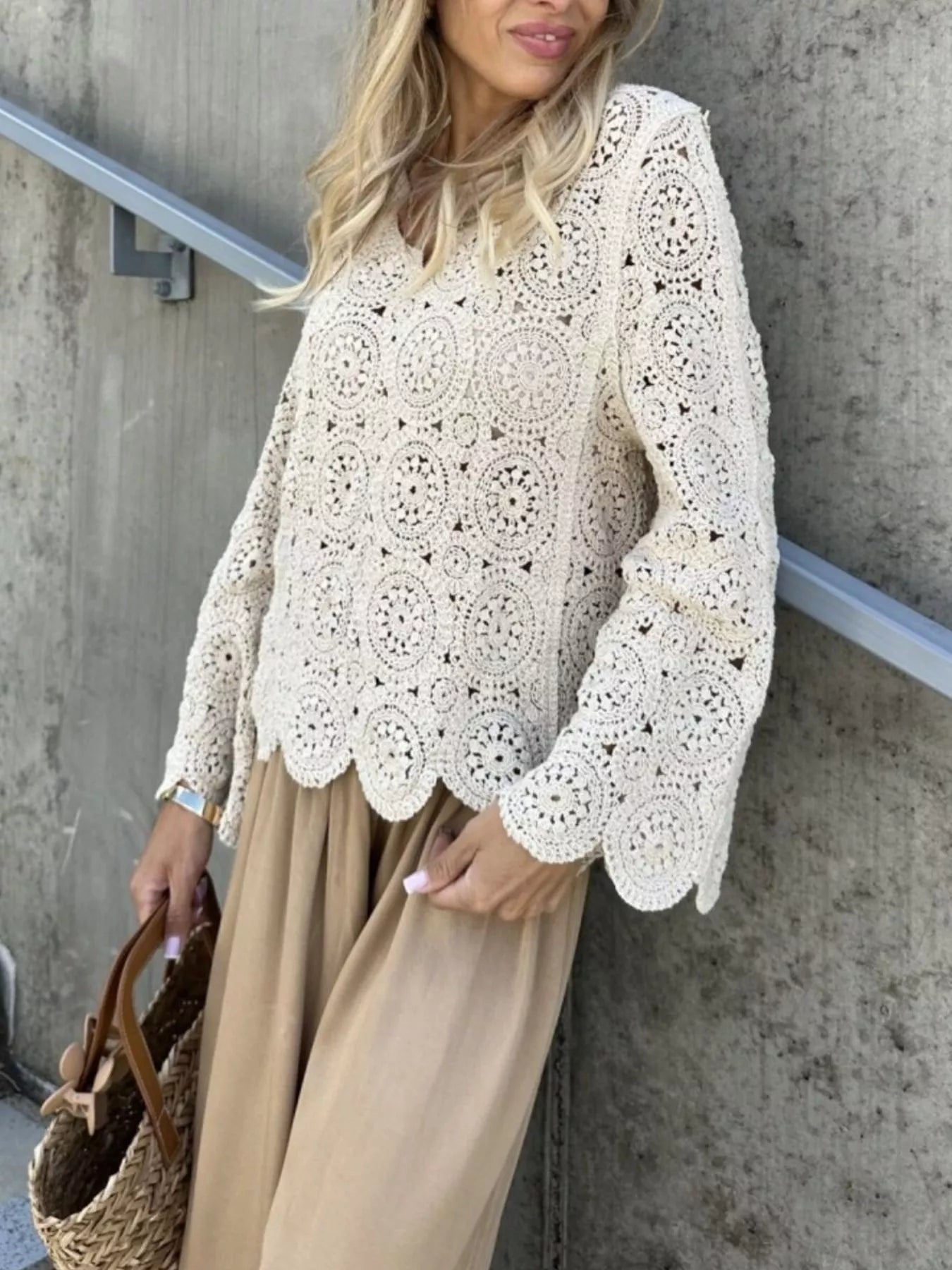 Fashorio Knit Tops Crochet Lace V-Neck Bell Sleeve Knit Top