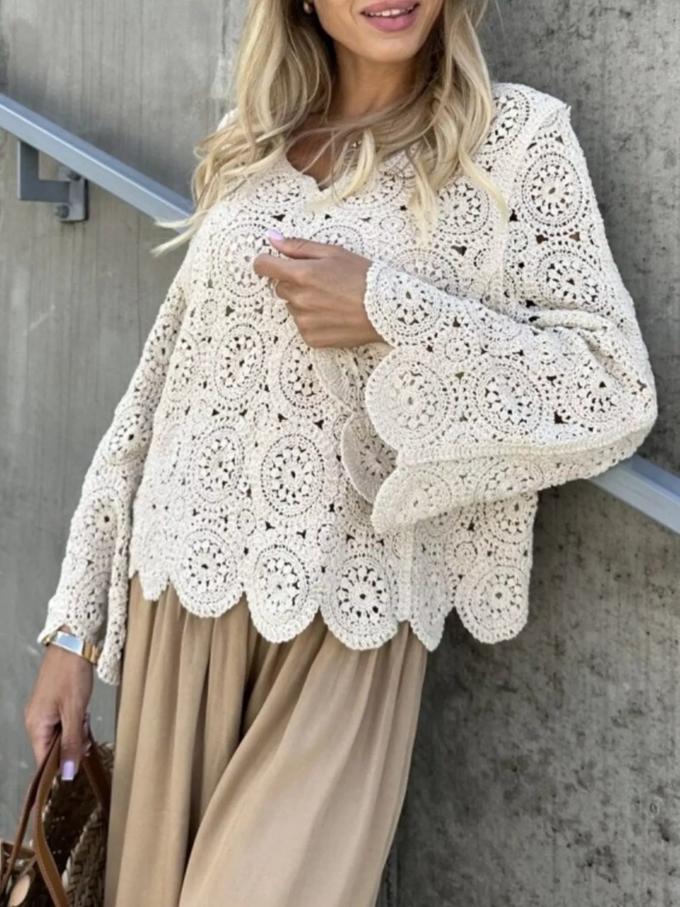 Fashorio Knit Tops Crochet Lace V-Neck Bell Sleeve Knit Top