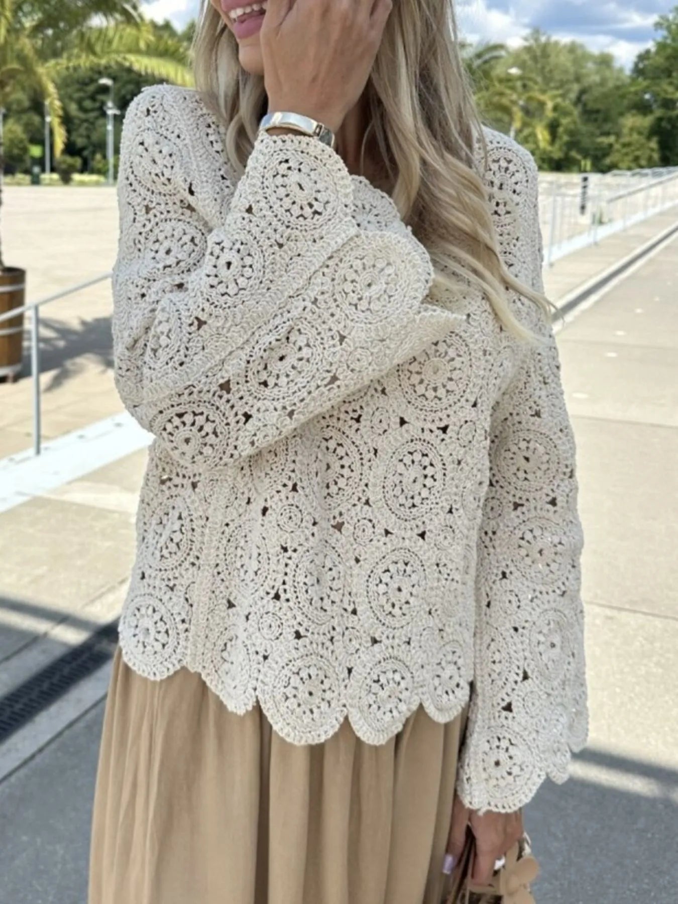 Fashorio Knit Tops Crochet Lace V-Neck Bell Sleeve Knit Top