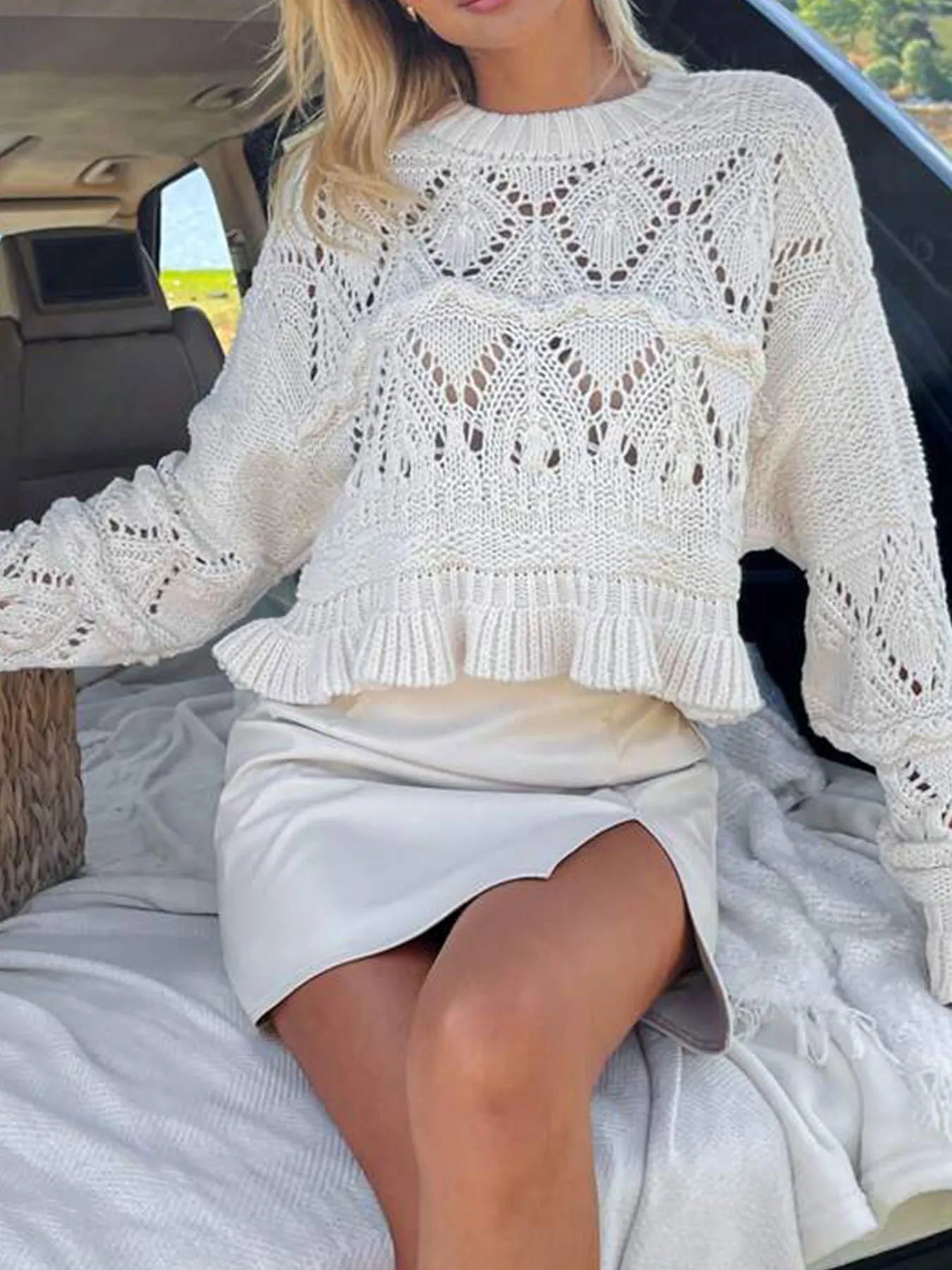 Fashorio Knit Tops Crochet Ruffled Hem Long Sleeve Sweater