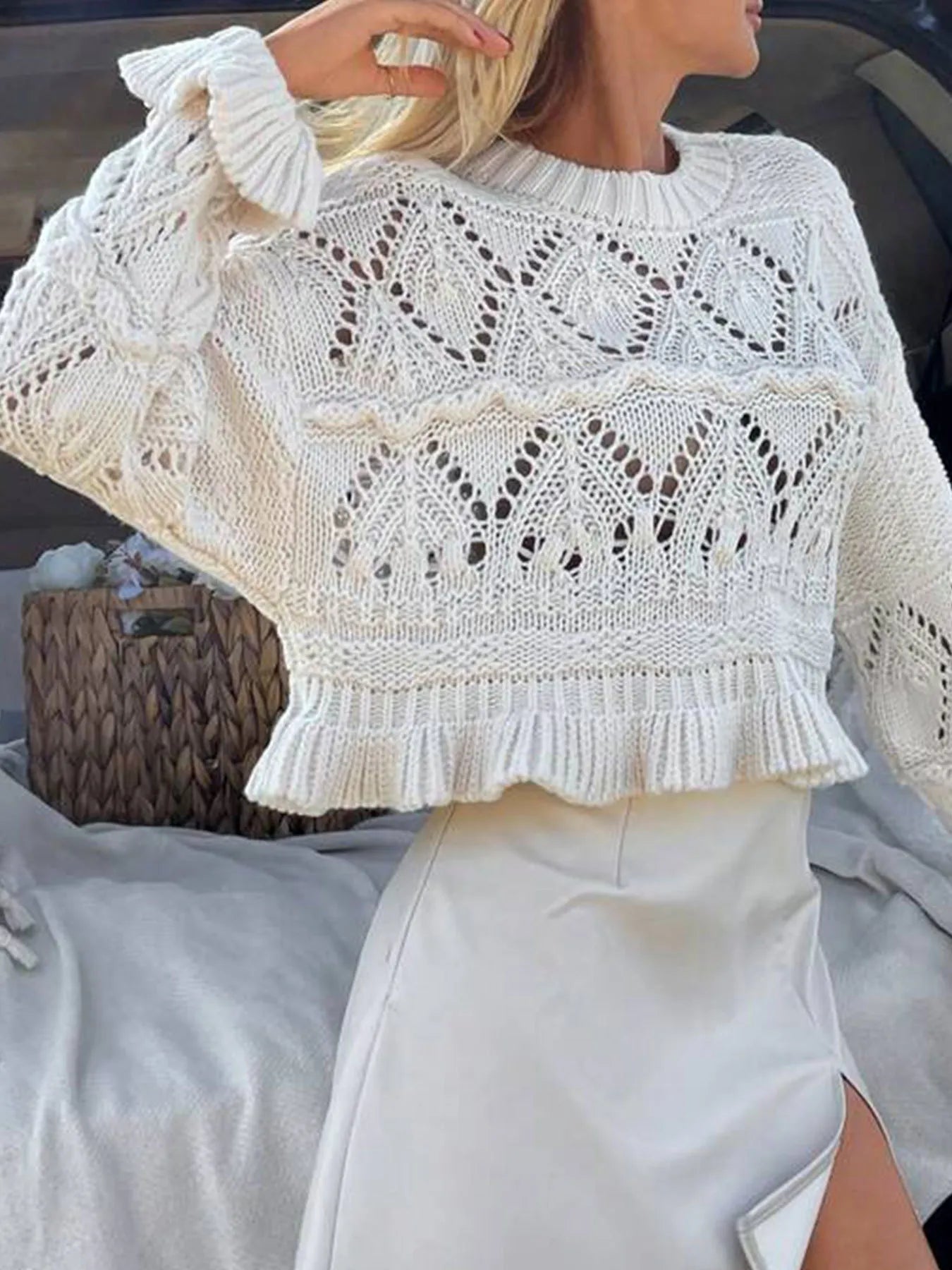Fashorio Knit Tops Crochet Ruffled Hem Long Sleeve Sweater