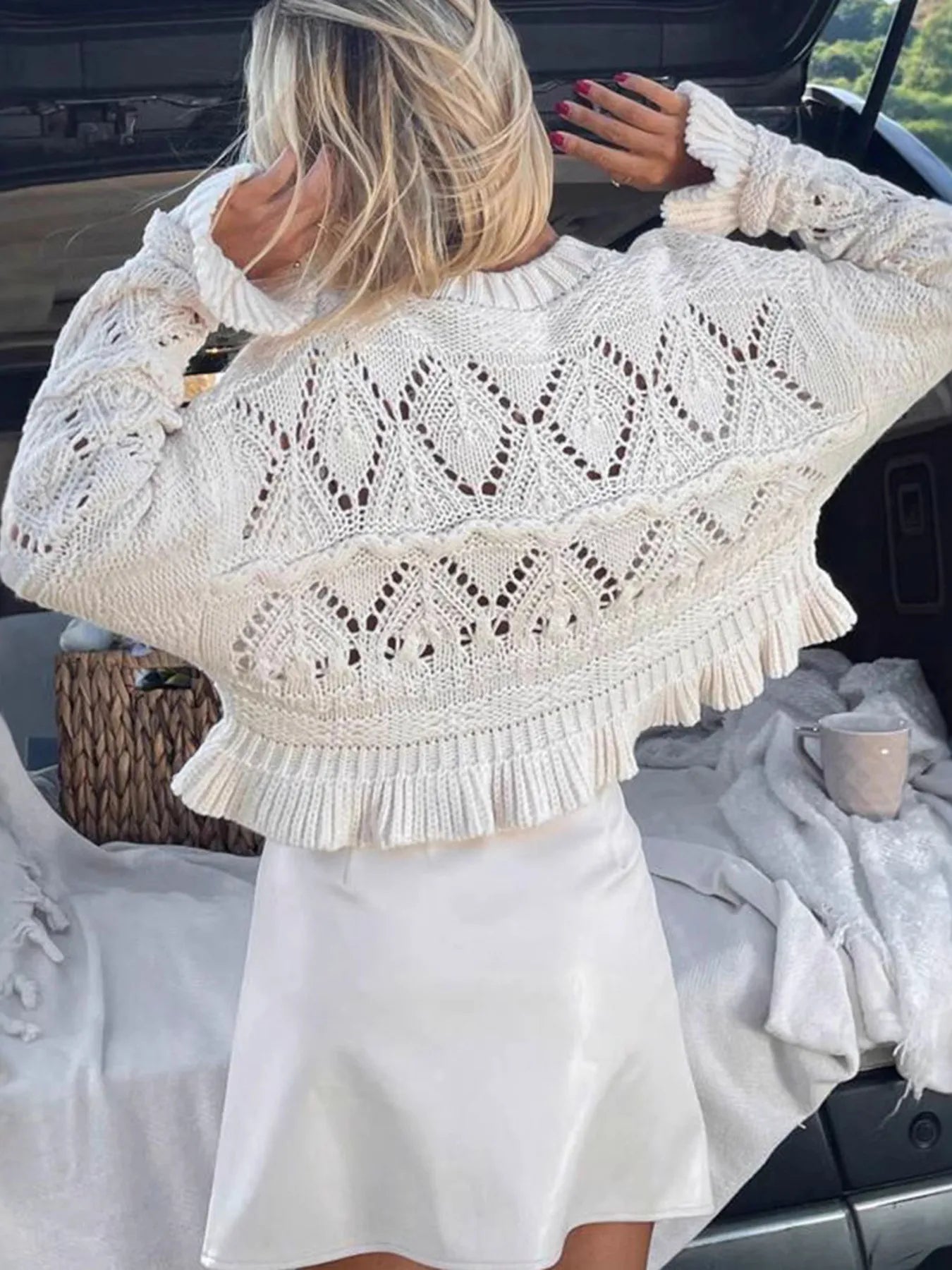 Fashorio Knit Tops Crochet Ruffled Hem Long Sleeve Sweater