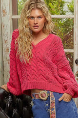 POL Cable-Knit Solid V-Neck Cropped Sweater FUCHSIA - Fashorio