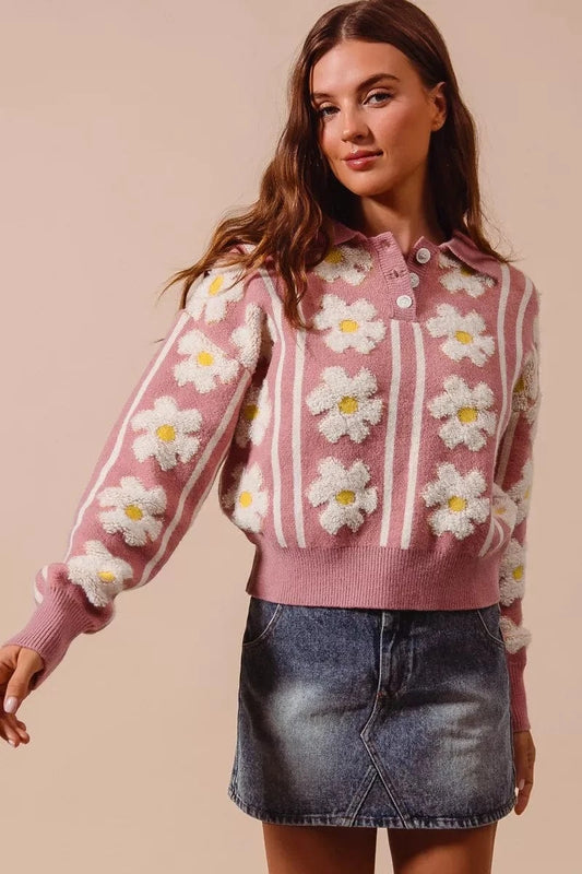 SO ME Floral Stripe Polo Collar Sweater MAUVE IVORY - Fashorio