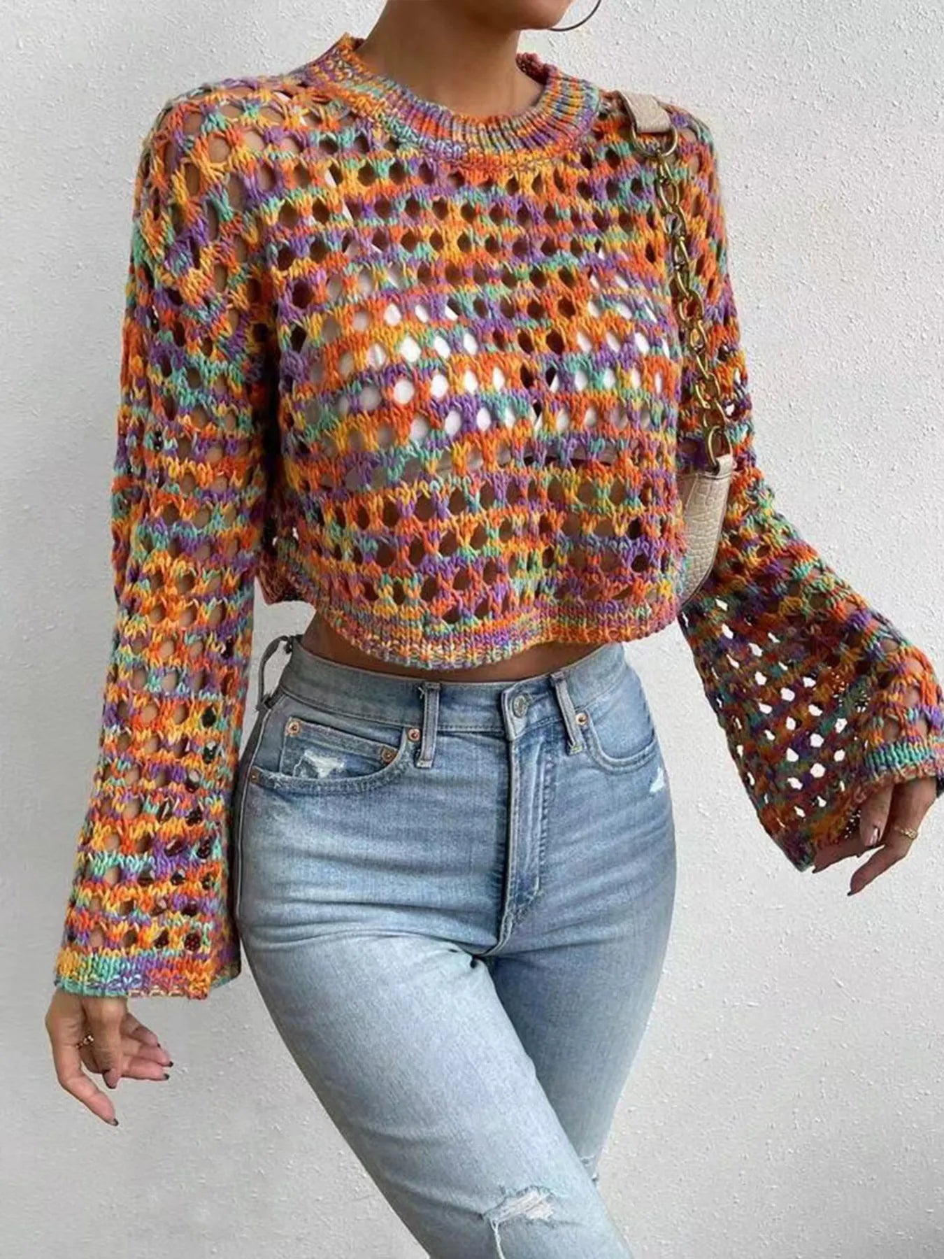 Fashorio Knit Tops Multicolor / XS Rainbow Crochet Hollow Out Cropped Sweater