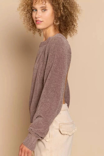 POL Round Neck Backless Sweater with Ribbed Edge - Fashorio