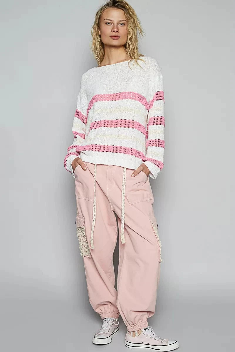 POL Striped Openwork Round Neck Knit Top - Fashorio