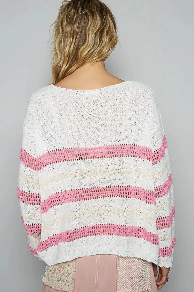 POL Striped Openwork Round Neck Knit Top - Fashorio