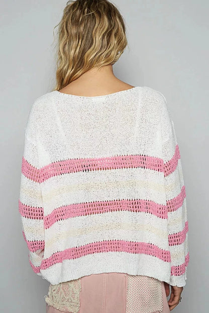 POL Striped Openwork Round Neck Knit Top - Fashorio