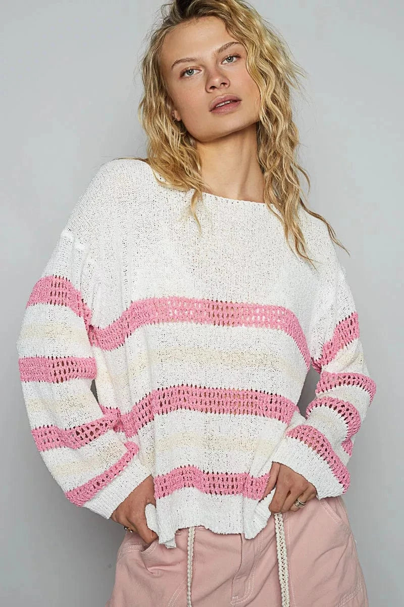 POL Striped Openwork Round Neck Knit Top - Fashorio