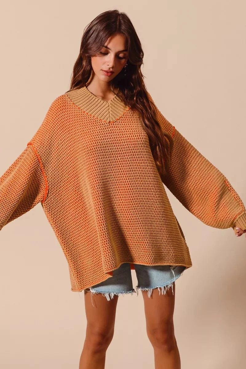 SO ME Oversized Two Tone Textured V Neck Sweater - Fashorio