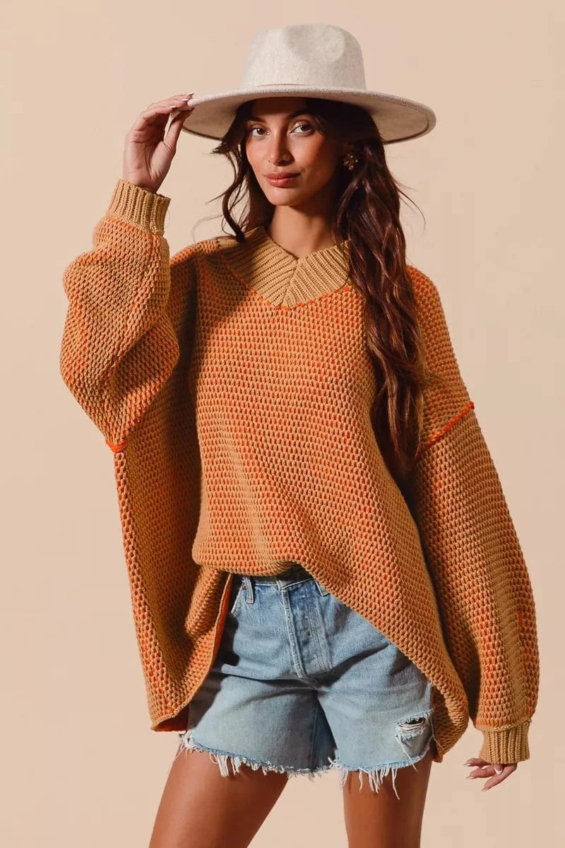 SO ME Oversized Two Tone Textured V Neck Sweater - Fashorio