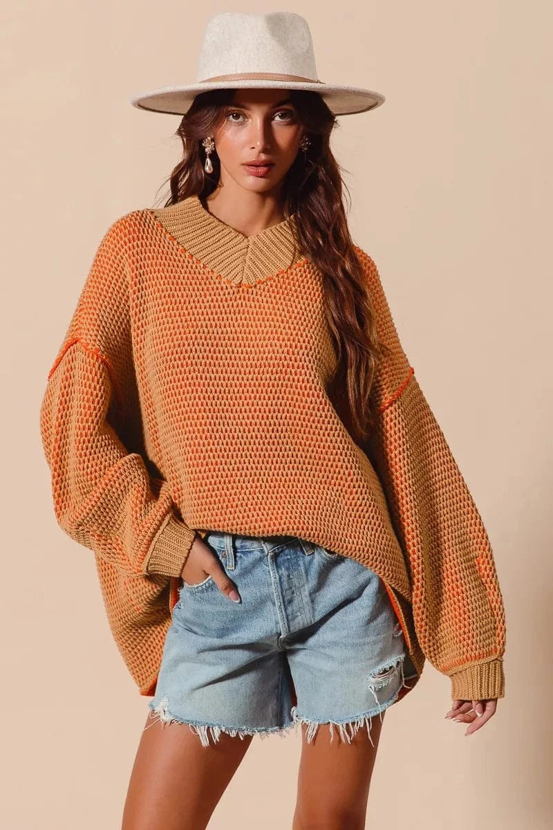 SO ME Oversized Two Tone Textured V Neck Sweater - Fashorio