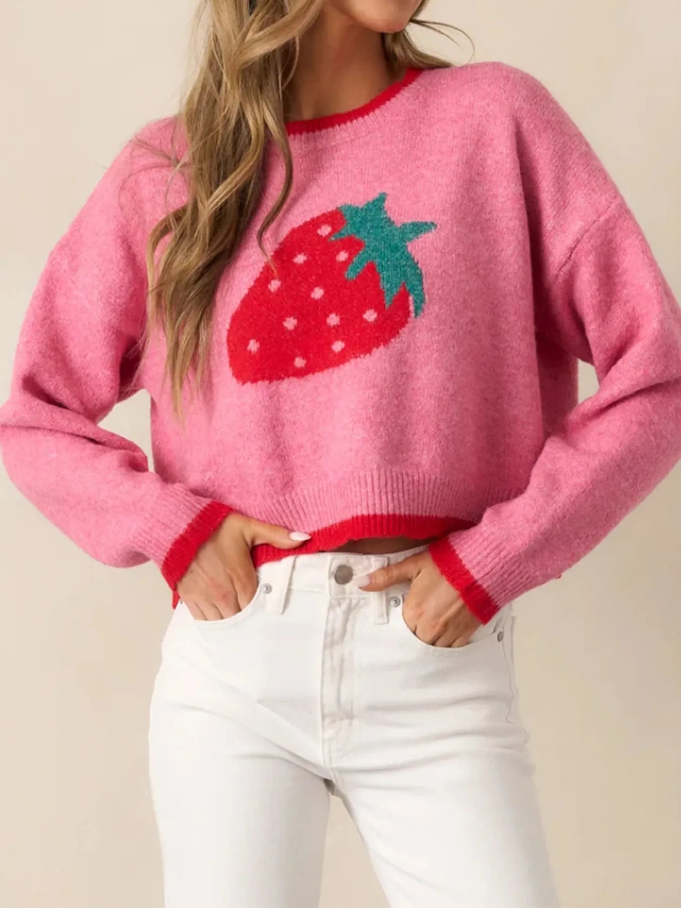 Fashorio Knit Tops Strawberry / S Strawberry Round Neck Long Sleeve Sweater