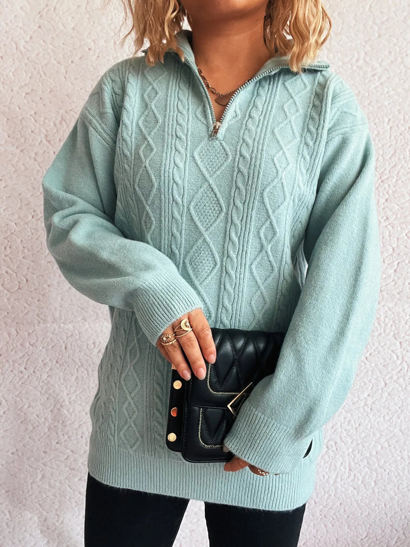 Fashorio Knit Tops Texture Zip Collar Long Sleeve Sweater