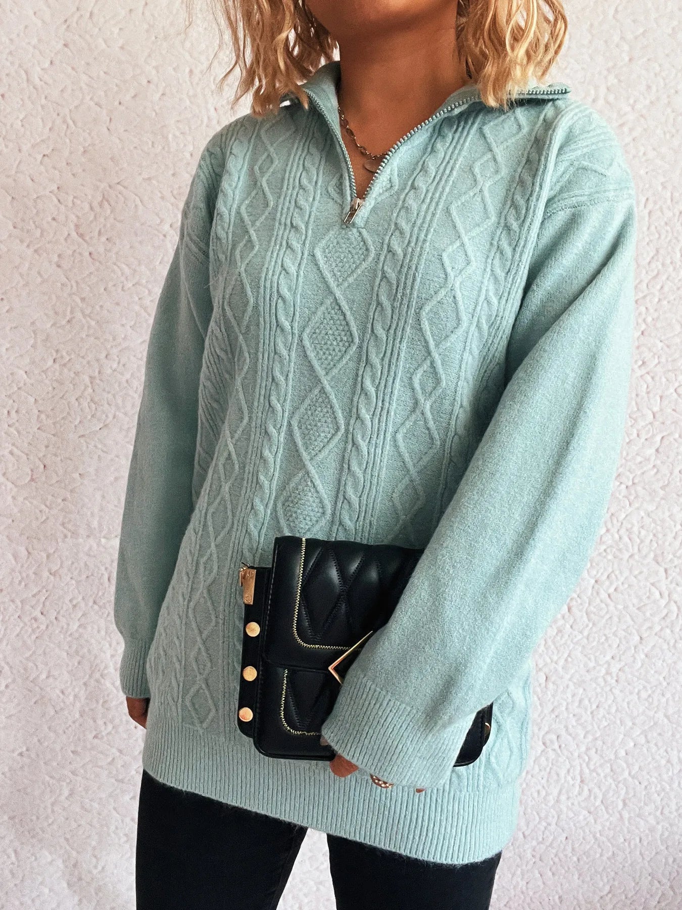 Fashorio Knit Tops Texture Zip Collar Long Sleeve Sweater