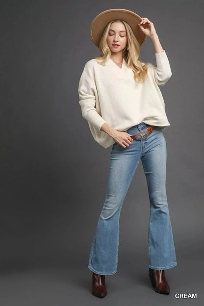 Umgee V-Neck Sweater with Wide Trim Detail - Fashorio