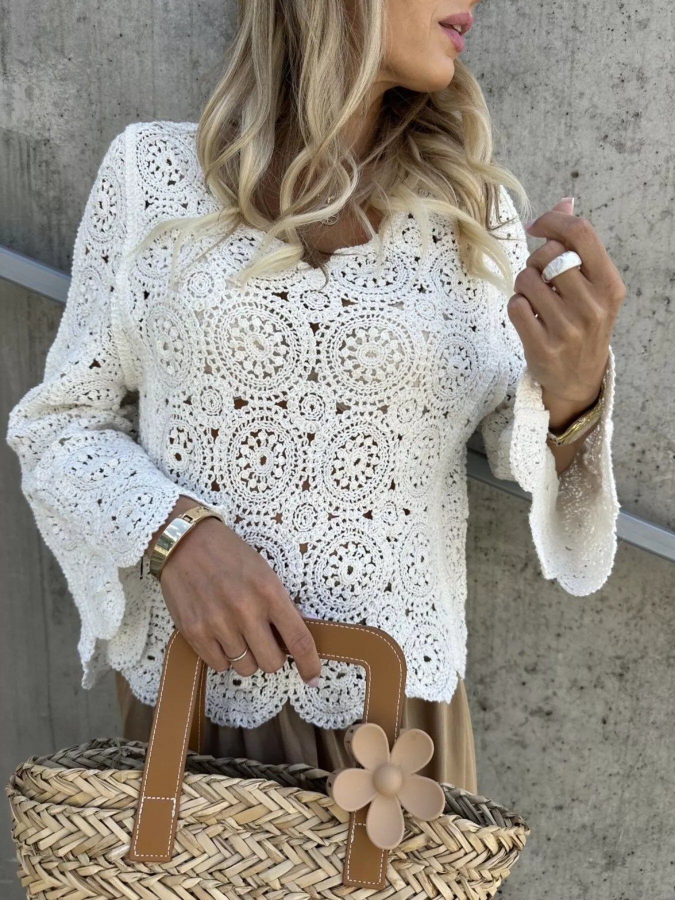Fashorio Knit Tops White / One Size Crochet Lace V-Neck Bell Sleeve Knit Top