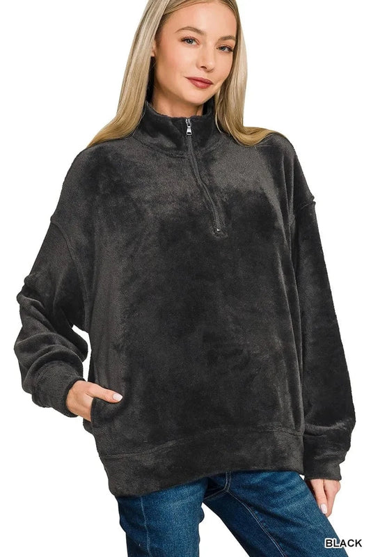 Zenana Faux Fur Half Zip Pocket Pullover - Fashorio