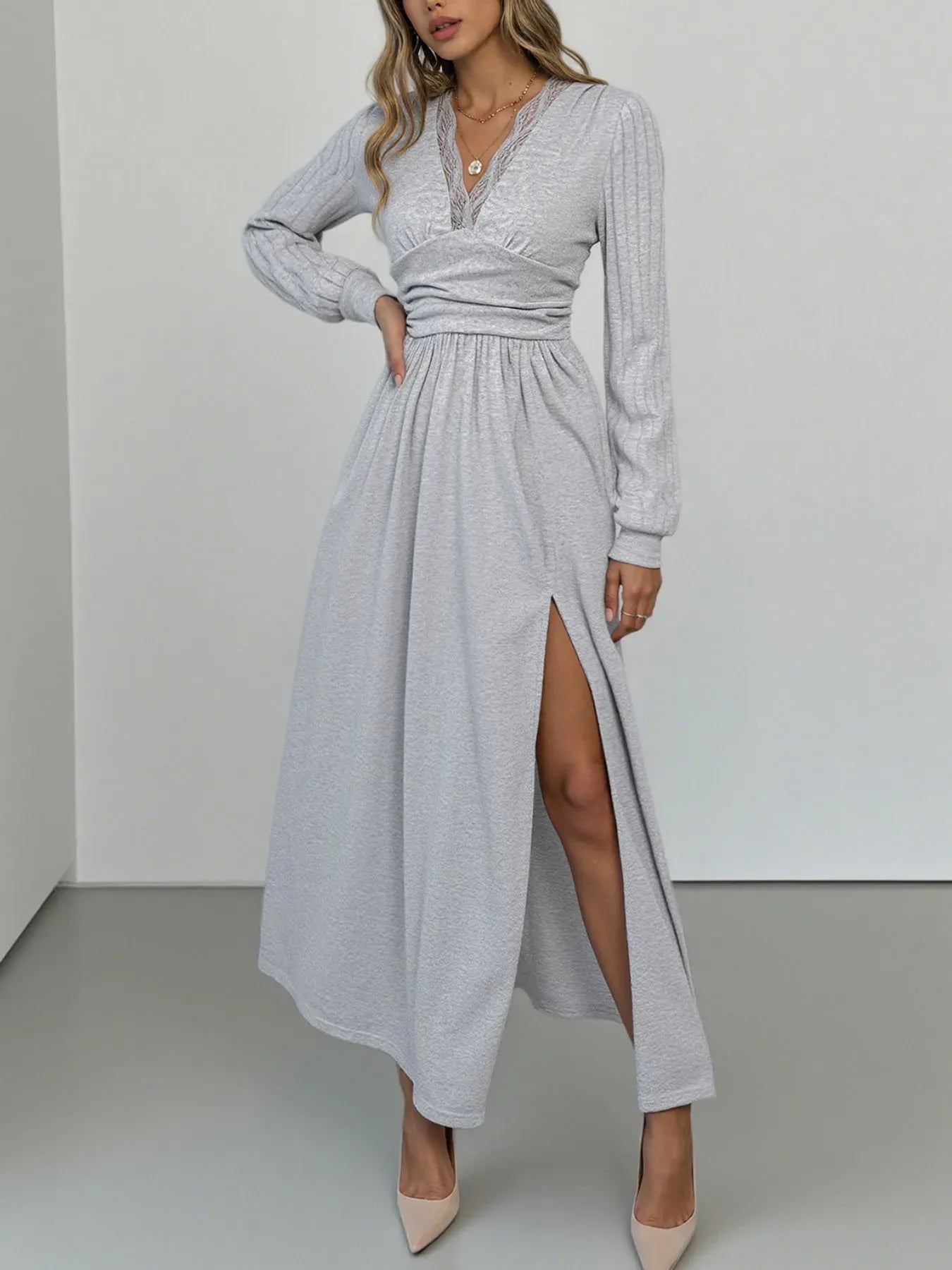 Fashorio Lace Detail V-Neck Maxi Dress with Side Slit