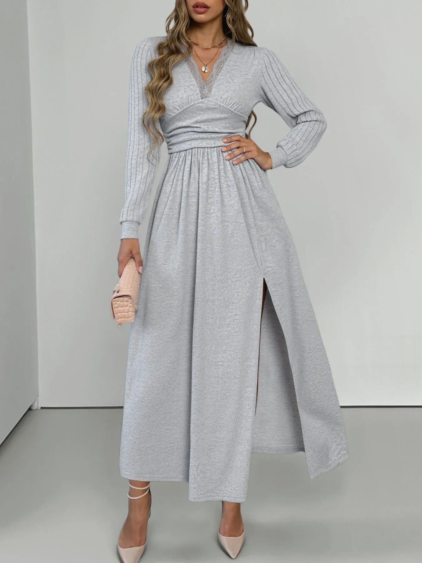 Fashorio Lace Detail V-Neck Maxi Dress with Side Slit