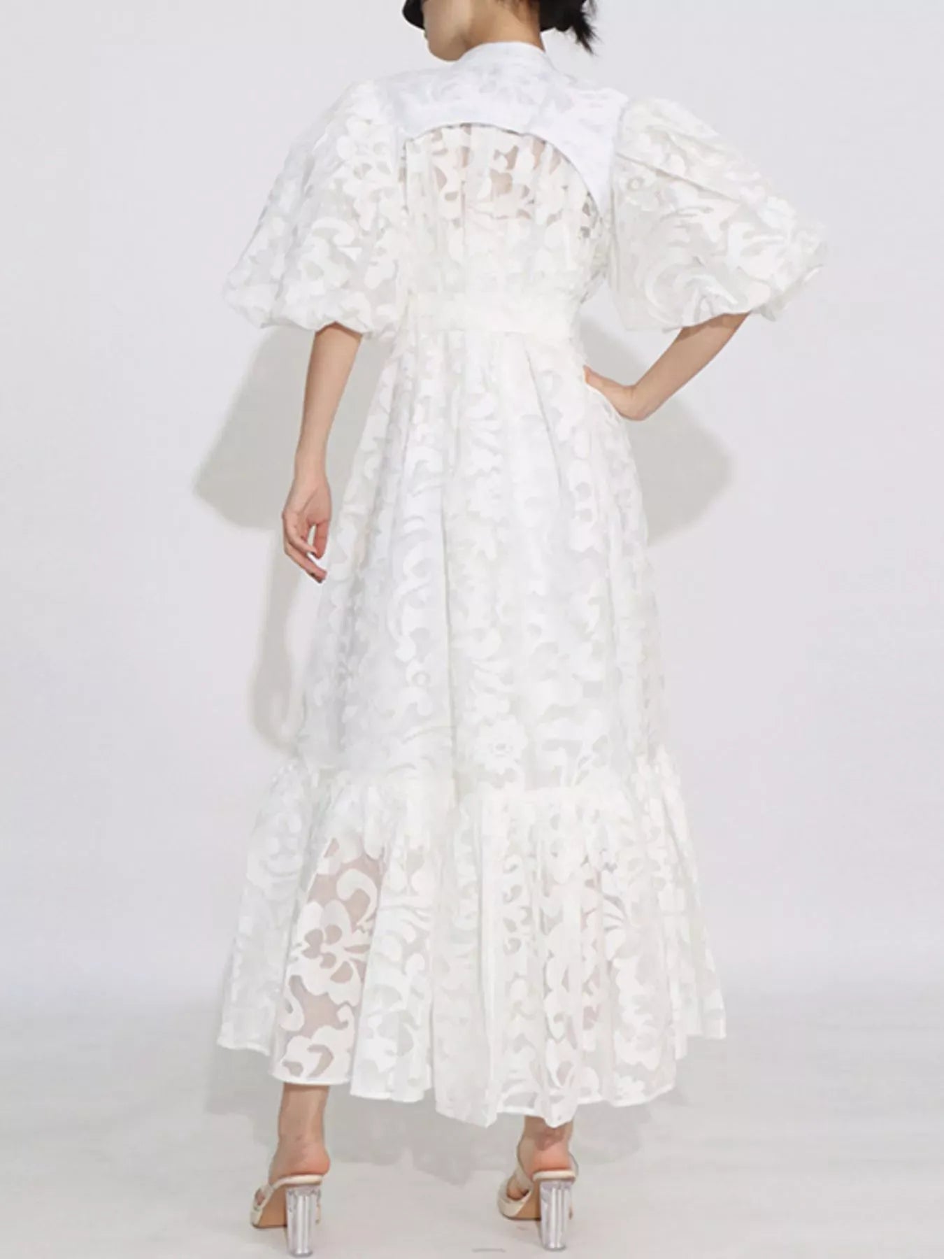 Fashorio Lace Puff Sleeve Tie Waist Maxi Dress