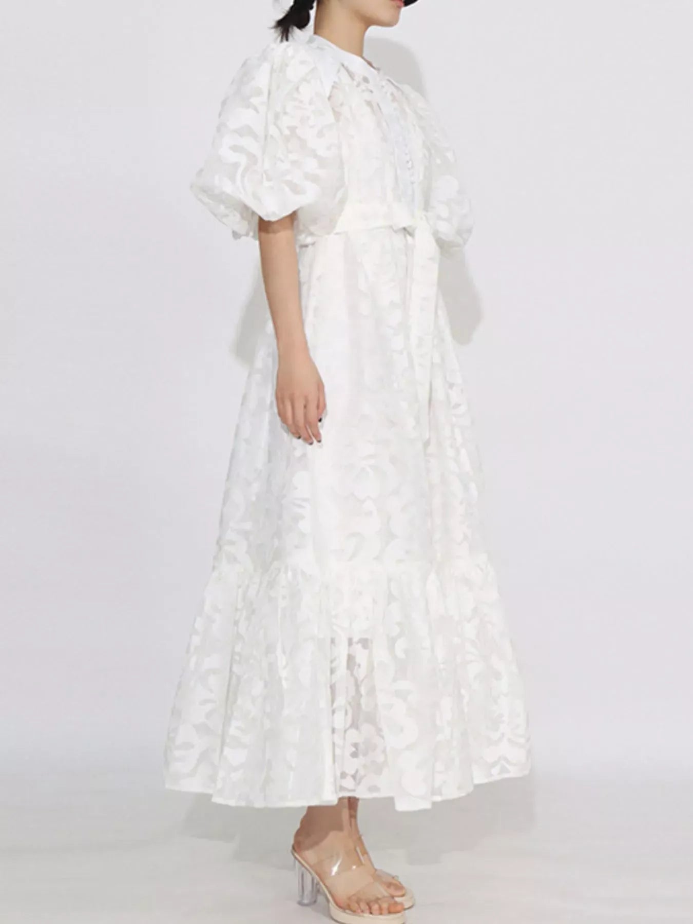 Fashorio Lace Puff Sleeve Tie Waist Maxi Dress