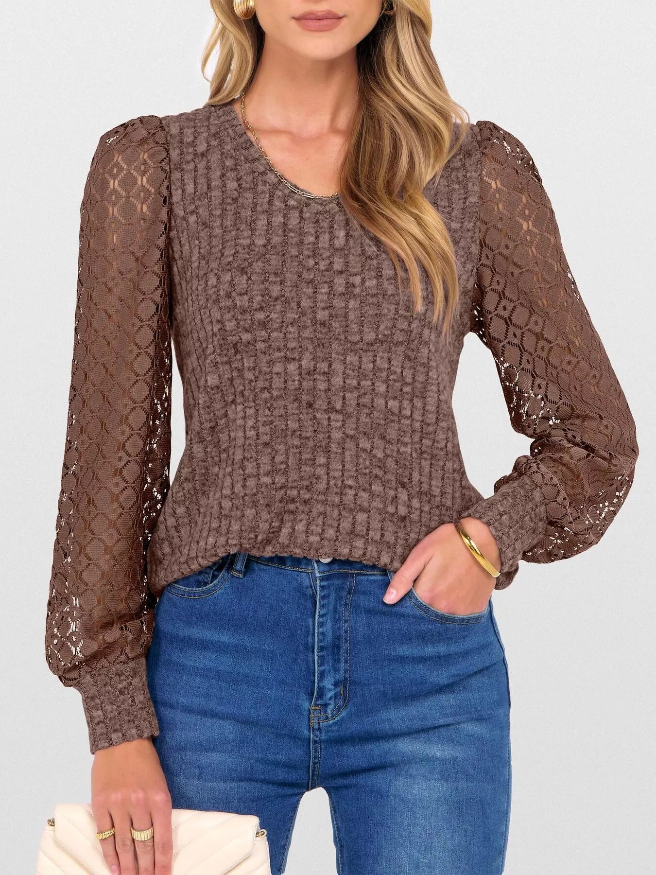 Fashorio Lace Sleeve V-Neck T-Shirt